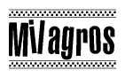 The image contains the text Milagros in a bold, stylized font, with a checkered flag pattern bordering the top and bottom of the text.