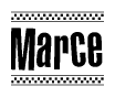 The image is a black and white clipart of the text Marce in a bold, italicized font. The text is bordered by a dotted line on the top and bottom, and there are checkered flags positioned at both ends of the text, usually associated with racing or finishing lines.