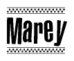 The image is a black and white clipart of the text Marey in a bold, italicized font. The text is bordered by a dotted line on the top and bottom, and there are checkered flags positioned at both ends of the text, usually associated with racing or finishing lines.