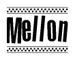 The clipart image displays the text Mellon in a bold, stylized font. It is enclosed in a rectangular border with a checkerboard pattern running below and above the text, similar to a finish line in racing. 