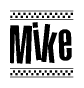 The image contains the text Mike in a bold, stylized font, with a checkered flag pattern bordering the top and bottom of the text.