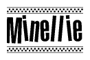 The clipart image displays the text Minellie in a bold, stylized font. It is enclosed in a rectangular border with a checkerboard pattern running below and above the text, similar to a finish line in racing. 