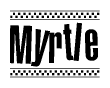 The image is a black and white clipart of the text Myrtle in a bold, italicized font. The text is bordered by a dotted line on the top and bottom, and there are checkered flags positioned at both ends of the text, usually associated with racing or finishing lines.