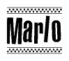 The image is a black and white clipart of the text Marlo in a bold, italicized font. The text is bordered by a dotted line on the top and bottom, and there are checkered flags positioned at both ends of the text, usually associated with racing or finishing lines.