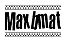 The image is a black and white clipart of the text Maxbmat in a bold, italicized font. The text is bordered by a dotted line on the top and bottom, and there are checkered flags positioned at both ends of the text, usually associated with racing or finishing lines.