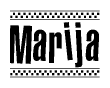 The image contains the text Marija in a bold, stylized font, with a checkered flag pattern bordering the top and bottom of the text.
