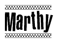 The clipart image displays the text Marthy in a bold, stylized font. It is enclosed in a rectangular border with a checkerboard pattern running below and above the text, similar to a finish line in racing. 