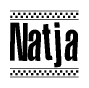 The image contains the text Natja in a bold, stylized font, with a checkered flag pattern bordering the top and bottom of the text.