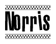 The image is a black and white clipart of the text Norris in a bold, italicized font. The text is bordered by a dotted line on the top and bottom, and there are checkered flags positioned at both ends of the text, usually associated with racing or finishing lines.
