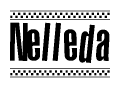 The image is a black and white clipart of the text Nelleda in a bold, italicized font. The text is bordered by a dotted line on the top and bottom, and there are checkered flags positioned at both ends of the text, usually associated with racing or finishing lines.