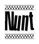 The image is a black and white clipart of the text Nunt in a bold, italicized font. The text is bordered by a dotted line on the top and bottom, and there are checkered flags positioned at both ends of the text, usually associated with racing or finishing lines.