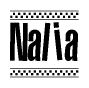 The image contains the text Nalia in a bold, stylized font, with a checkered flag pattern bordering the top and bottom of the text.