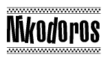 The clipart image displays the text Nikodoros in a bold, stylized font. It is enclosed in a rectangular border with a checkerboard pattern running below and above the text, similar to a finish line in racing. 