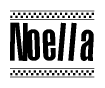 The image is a black and white clipart of the text Noella in a bold, italicized font. The text is bordered by a dotted line on the top and bottom, and there are checkered flags positioned at both ends of the text, usually associated with racing or finishing lines.