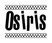 The image is a black and white clipart of the text Osiris in a bold, italicized font. The text is bordered by a dotted line on the top and bottom, and there are checkered flags positioned at both ends of the text, usually associated with racing or finishing lines.