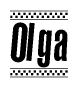 The image contains the text Olga in a bold, stylized font, with a checkered flag pattern bordering the top and bottom of the text.