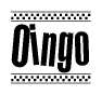 The image is a black and white clipart of the text Oingo in a bold, italicized font. The text is bordered by a dotted line on the top and bottom, and there are checkered flags positioned at both ends of the text, usually associated with racing or finishing lines.