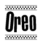 The clipart image displays the text Oreo in a bold, stylized font. It is enclosed in a rectangular border with a checkerboard pattern running below and above the text, similar to a finish line in racing. 