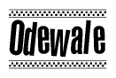 The image is a black and white clipart of the text Odewale in a bold, italicized font. The text is bordered by a dotted line on the top and bottom, and there are checkered flags positioned at both ends of the text, usually associated with racing or finishing lines.