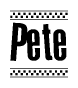 The image contains the text Pete in a bold, stylized font, with a checkered flag pattern bordering the top and bottom of the text.
