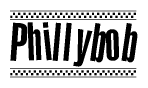 The image is a black and white clipart of the text Phillybob in a bold, italicized font. The text is bordered by a dotted line on the top and bottom, and there are checkered flags positioned at both ends of the text, usually associated with racing or finishing lines.