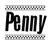 The image contains the text Penny in a bold, stylized font, with a checkered flag pattern bordering the top and bottom of the text.