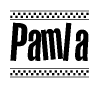 The image is a black and white clipart of the text Pamla in a bold, italicized font. The text is bordered by a dotted line on the top and bottom, and there are checkered flags positioned at both ends of the text, usually associated with racing or finishing lines.
