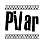 The image is a black and white clipart of the text Pilar in a bold, italicized font. The text is bordered by a dotted line on the top and bottom, and there are checkered flags positioned at both ends of the text, usually associated with racing or finishing lines.