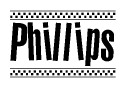 The image is a black and white clipart of the text Phillips in a bold, italicized font. The text is bordered by a dotted line on the top and bottom, and there are checkered flags positioned at both ends of the text, usually associated with racing or finishing lines.