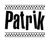 The image is a black and white clipart of the text Patrik in a bold, italicized font. The text is bordered by a dotted line on the top and bottom, and there are checkered flags positioned at both ends of the text, usually associated with racing or finishing lines.