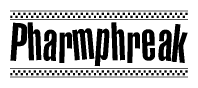 The clipart image displays the text Pharmphreak in a bold, stylized font. It is enclosed in a rectangular border with a checkerboard pattern running below and above the text, similar to a finish line in racing. 