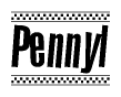 The image is a black and white clipart of the text Pennyl in a bold, italicized font. The text is bordered by a dotted line on the top and bottom, and there are checkered flags positioned at both ends of the text, usually associated with racing or finishing lines.