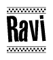 The clipart image displays the text Ravi in a bold, stylized font. It is enclosed in a rectangular border with a checkerboard pattern running below and above the text, similar to a finish line in racing. 