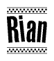 The image is a black and white clipart of the text Rian in a bold, italicized font. The text is bordered by a dotted line on the top and bottom, and there are checkered flags positioned at both ends of the text, usually associated with racing or finishing lines.