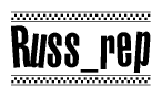 The image contains the text Russ rep in a bold, stylized font, with a checkered flag pattern bordering the top and bottom of the text.