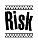 The image contains the text Risk in a bold, stylized font, with a checkered flag pattern bordering the top and bottom of the text.