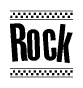 The image is a black and white clipart of the text Rock in a bold, italicized font. The text is bordered by a dotted line on the top and bottom, and there are checkered flags positioned at both ends of the text, usually associated with racing or finishing lines.