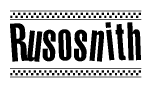 The image is a black and white clipart of the text Rusosnith in a bold, italicized font. The text is bordered by a dotted line on the top and bottom, and there are checkered flags positioned at both ends of the text, usually associated with racing or finishing lines.