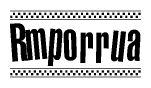 The image is a black and white clipart of the text Rmporrua in a bold, italicized font. The text is bordered by a dotted line on the top and bottom, and there are checkered flags positioned at both ends of the text, usually associated with racing or finishing lines.