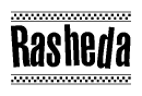 The clipart image displays the text Rasheda in a bold, stylized font. It is enclosed in a rectangular border with a checkerboard pattern running below and above the text, similar to a finish line in racing. 