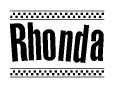 The image contains the text Rhonda in a bold, stylized font, with a checkered flag pattern bordering the top and bottom of the text.