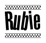 The image is a black and white clipart of the text Rubie in a bold, italicized font. The text is bordered by a dotted line on the top and bottom, and there are checkered flags positioned at both ends of the text, usually associated with racing or finishing lines.