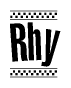 The image contains the text Rhy in a bold, stylized font, with a checkered flag pattern bordering the top and bottom of the text.