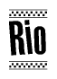 The image is a black and white clipart of the text Rio in a bold, italicized font. The text is bordered by a dotted line on the top and bottom, and there are checkered flags positioned at both ends of the text, usually associated with racing or finishing lines.