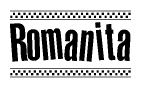 The clipart image displays the text Romanita in a bold, stylized font. It is enclosed in a rectangular border with a checkerboard pattern running below and above the text, similar to a finish line in racing. 
