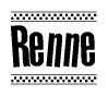 The image contains the text Renne in a bold, stylized font, with a checkered flag pattern bordering the top and bottom of the text.