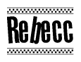 The image is a black and white clipart of the text Rebecc in a bold, italicized font. The text is bordered by a dotted line on the top and bottom, and there are checkered flags positioned at both ends of the text, usually associated with racing or finishing lines.