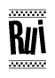 The image is a black and white clipart of the text Rui in a bold, italicized font. The text is bordered by a dotted line on the top and bottom, and there are checkered flags positioned at both ends of the text, usually associated with racing or finishing lines.