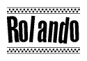 The image is a black and white clipart of the text Rolando in a bold, italicized font. The text is bordered by a dotted line on the top and bottom, and there are checkered flags positioned at both ends of the text, usually associated with racing or finishing lines.