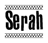The clipart image displays the text Serah in a bold, stylized font. It is enclosed in a rectangular border with a checkerboard pattern running below and above the text, similar to a finish line in racing. 